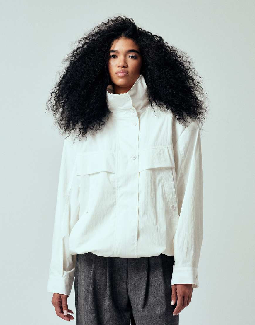 ASOS DESIGN iconic funnel neck sports jacket in ivory-White | ASOS (Global)