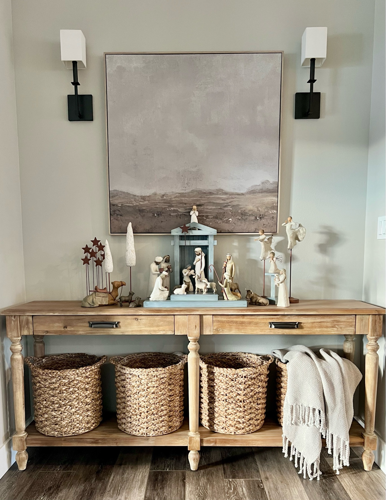 Christmas Nativity in the foyer. 

Willow Tree / console table / nativity / wall art / canvas art / world market table / Everett table / throw / sconces / wall lighting / neutral Christmas decor 

#LTKSeasonal #LTKHoliday #LTKFindsUnder100