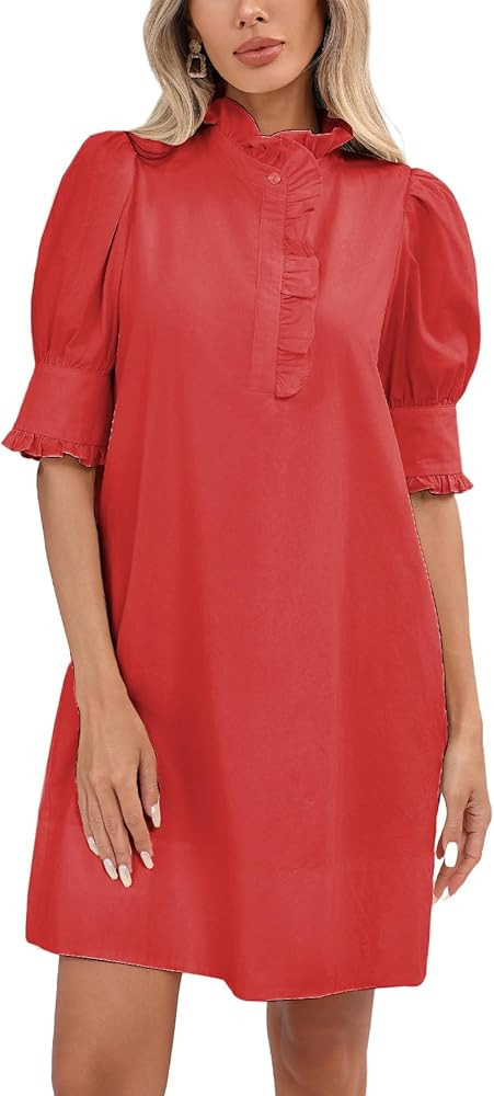 Women's Puff Short Sleeve Stand Ruffle Collar Summer Dress Casual A Line Shift Mini Dress with Po... | Amazon (US)