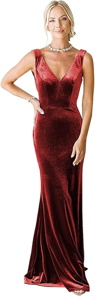 Clothfun V-Neck Velvet Bridesmaid Dress for Women Long Mermaid Maxi Formal Dresses      
 Polyest... | Amazon (US)