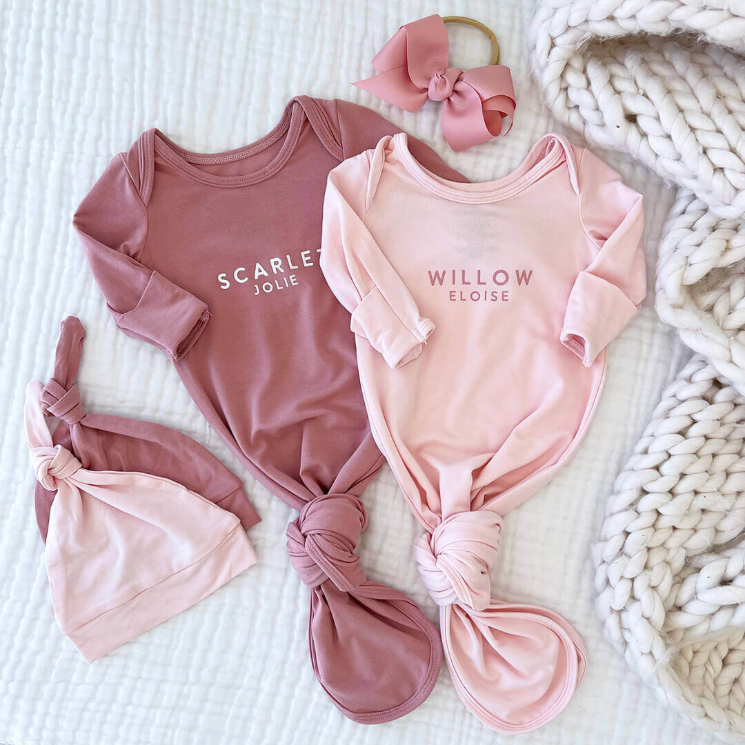 Personalized Bamboo Newborn Baby Knot Gown | Pretty in Pink - Block | Caden Lane