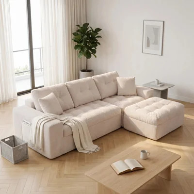 3-Piece Cloud Modular Sectional Sofa, Boneless Corduroy Couch with Ottoman & Pillows, No Assembly Deep Seat Convertible Floor Sofa for Living Room Apa | Wayfair North America