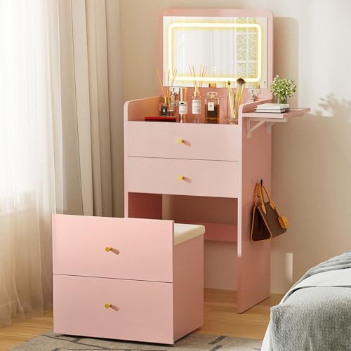 COMHOMA Makeup Vanity Desk with Mirror and Lights, Small 3 in 1 Vanity Table with Visible Glass Top, Flip Top & 3 Drawers, Compact Dressing with Storage Stool for Room or Office | Amazon (US)