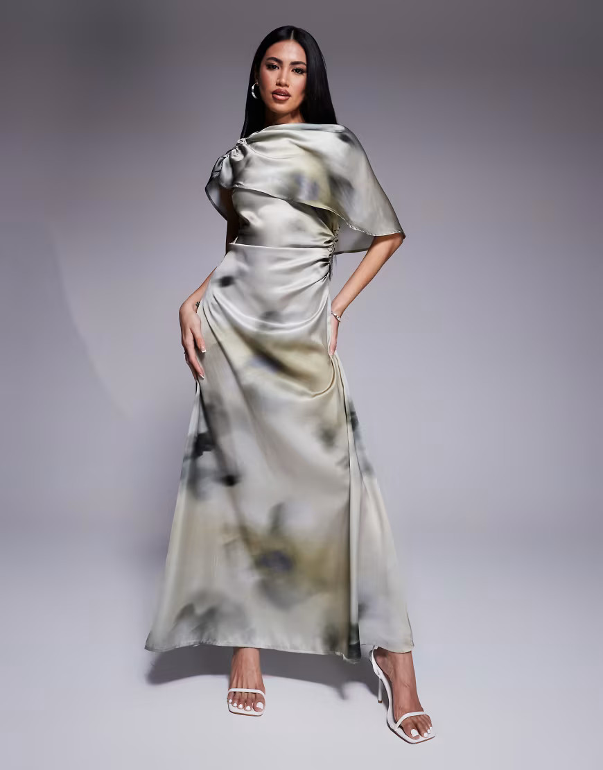 ASOS DESIGN satin maxi dress with slash neck and cape detail in smoked floral-Multi | ASOS (Global)