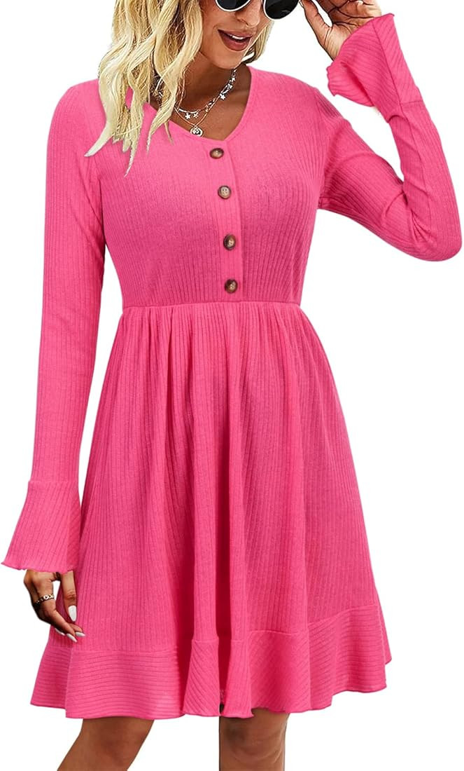 ULTRANICE Women 2023 Fall Dresses Long Sleeve Buttons V Neck Wrap Casual Dress | Amazon (US)