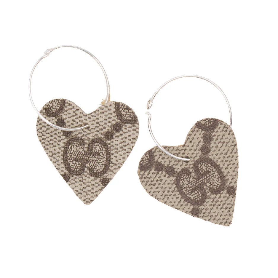 Upcycled Brown Webbed GG Heart Earrings | Sparkl