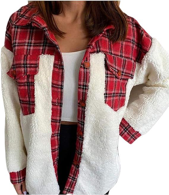 Women's Fleece Plaid Lapel Button Short Pocketed Shacket Shirts Coats Winter Warm Sherpa Jacket | Amazon (US)