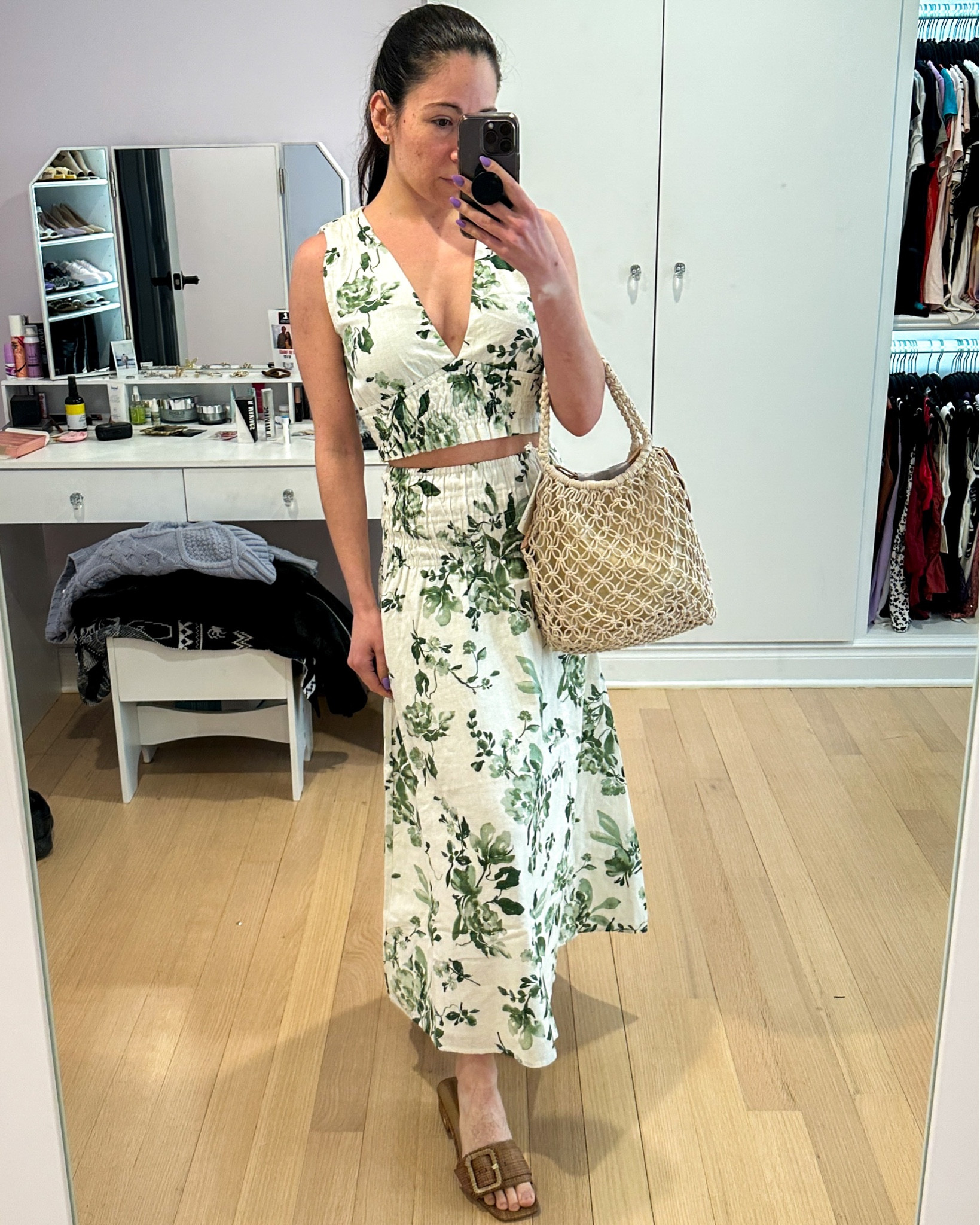 Love this crop top and midi skirt set I got from Abercrombie! The skirt is more of a maxi on me since I’m petite but I tried it later rolling the waist and under and it worked really well. Cute floral pattern and linen material for vacation outfits, spring break, or a summer look. Paired with my new Sam Edelman sandals and a great target purse. 

#LTKunder100 #LTKshoecrush #LTKtravel