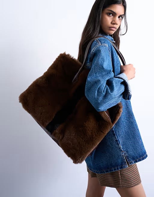 Topshop Teven faux fur tote bag in brown | ASOS (Global)