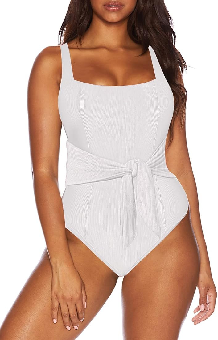 Pink Wind Women's Cutout Ribbed One Piece Swimsuit Tummy Control Tie Front Monokini Bikini | Amazon (US)