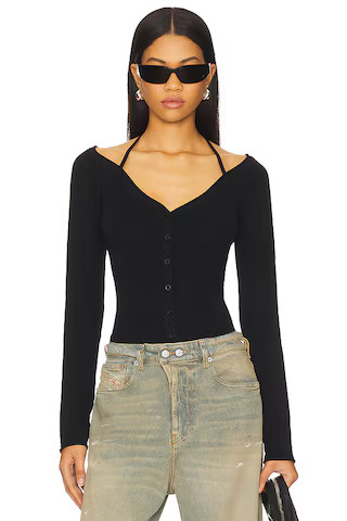 Good American Stretch Rib Knit Off Shoulder Top in Black001 from Revolve.com | Revolve Clothing (Global)