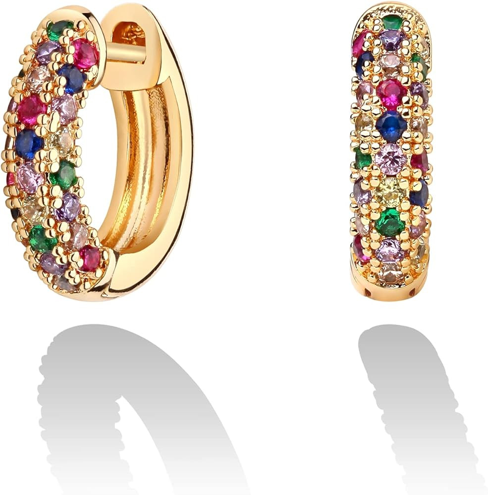 MTMY Huggie Hoop Earrings 14K Gold Plated Cubic Zirconia Dainty Simple Cute Beads Elegant CZ Circ... | Amazon (US)