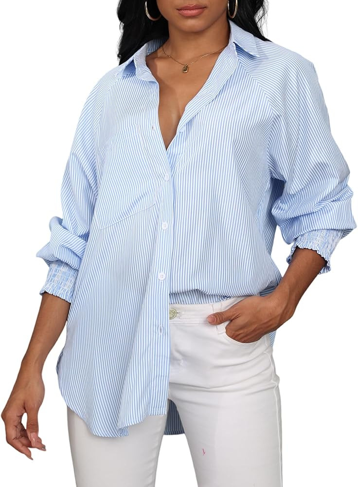 SELINK Women's Button Down Shirts Casual Long Sleeve Oversized Blouse Smocked Cuffed Striped Boyf... | Amazon (US)