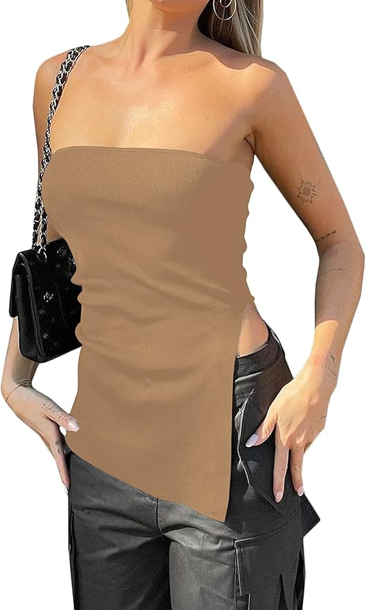 Lauweion Women's Strapless Knit Bandeau Tube Top Asymmetrical Slit Hem Solid Slim Fitted Y2K Sexy... | Amazon (US)