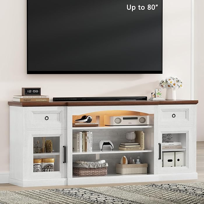 Farmhouse TV Stand, 70" Modern TV Stand with LED Lights & Outlet, 2 Drawers, Transparent Doors, E... | Amazon (US)