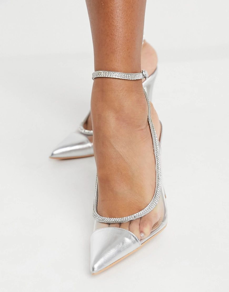 Truffle Collection clear embellished heeled shoes in silver | ASOS (Global)