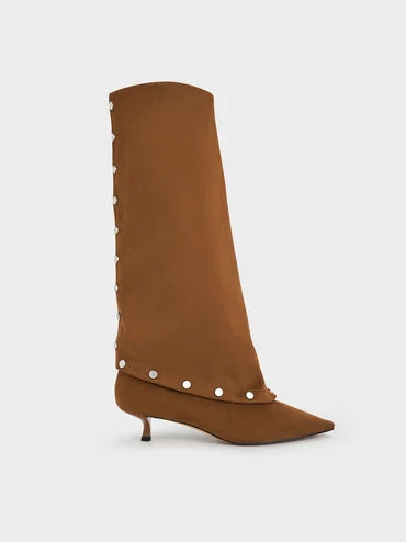 Brown Gael Faux Suede Studded Convertible Kitten-Heel Knee-High Boots | CHARLES & KEITH | Charles & Keith US