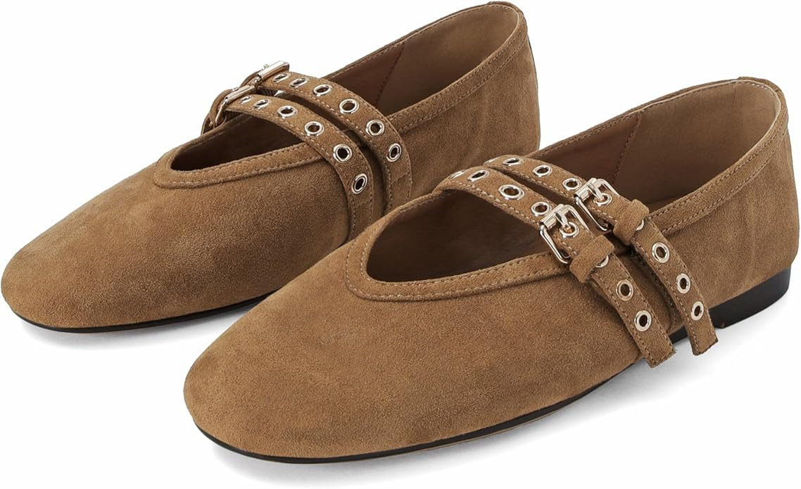 SOVANYOU Suede Mary Jane Flats for Women Perforated Round Toe Ballet Flats with Double Buckle Str... | Amazon (US)