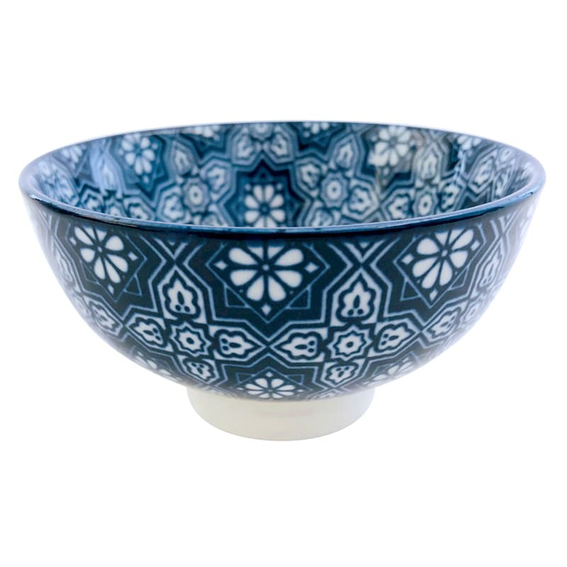 Blue & White Geo Floral Pattern Porcelain Bowl, 4" | At Home