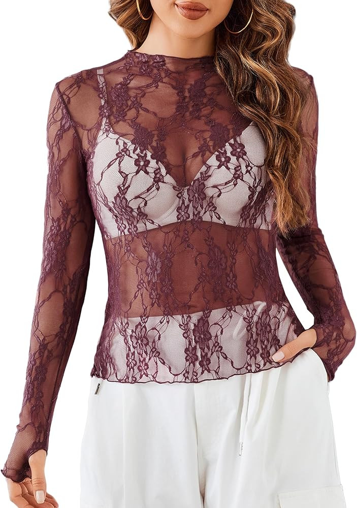 Avidlove Women's Mesh Top Long Sleeve Mock Neck Sheer Blouse See Through Floral Lace Tops | Amazon (US)