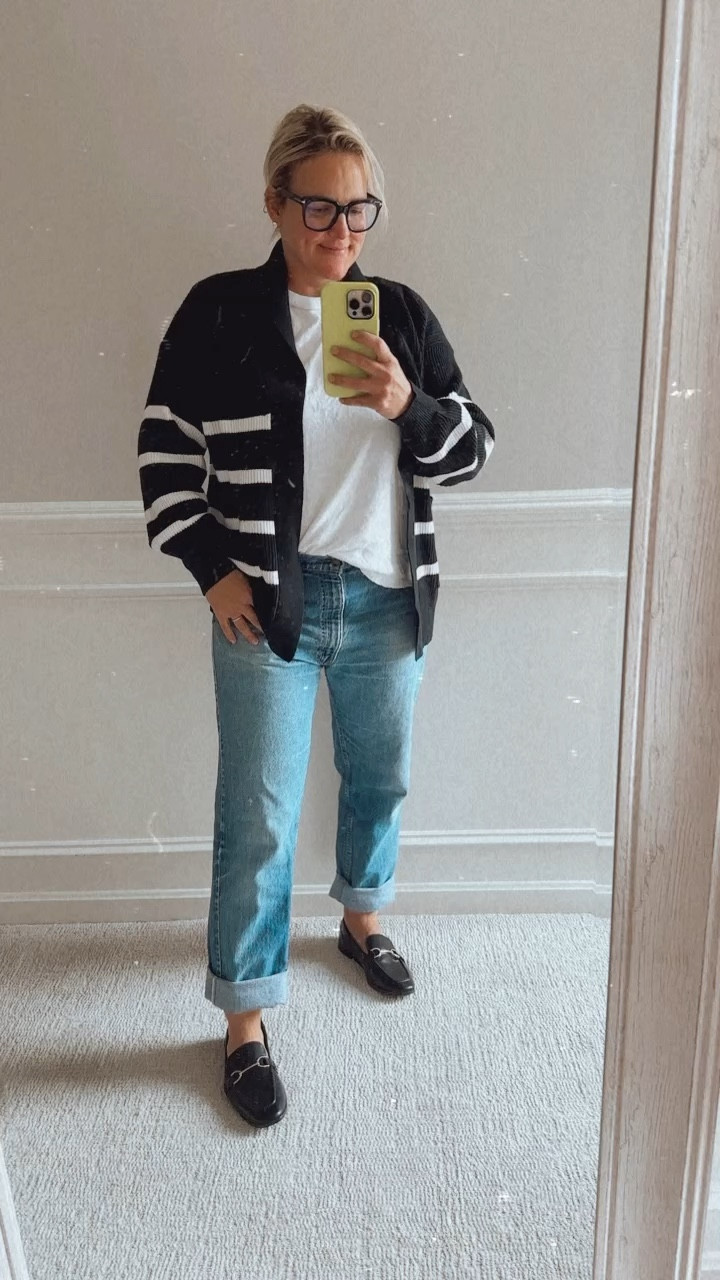-Target Sweater, wearing a medium
-Shoes are a dupe for my Gucci Jordaan loafers ans these run 1/2 size larger so size down. 
Jeans are vintage Levi’s from 80’s 

#LTKfindsunder50 #LTKover40 #LTKstyletip