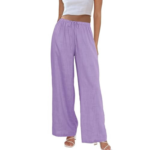 Duyang Womens Cotton Linen Palazzo Pants Drawstring Elastic Waist Casual Wide Leg Trousers with Pockets(Purple,XL) | Amazon (US)