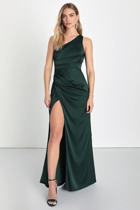 Dreaming of Elegance Emerald Satin One-Shoulder Maxi Dress | Lulus (US)