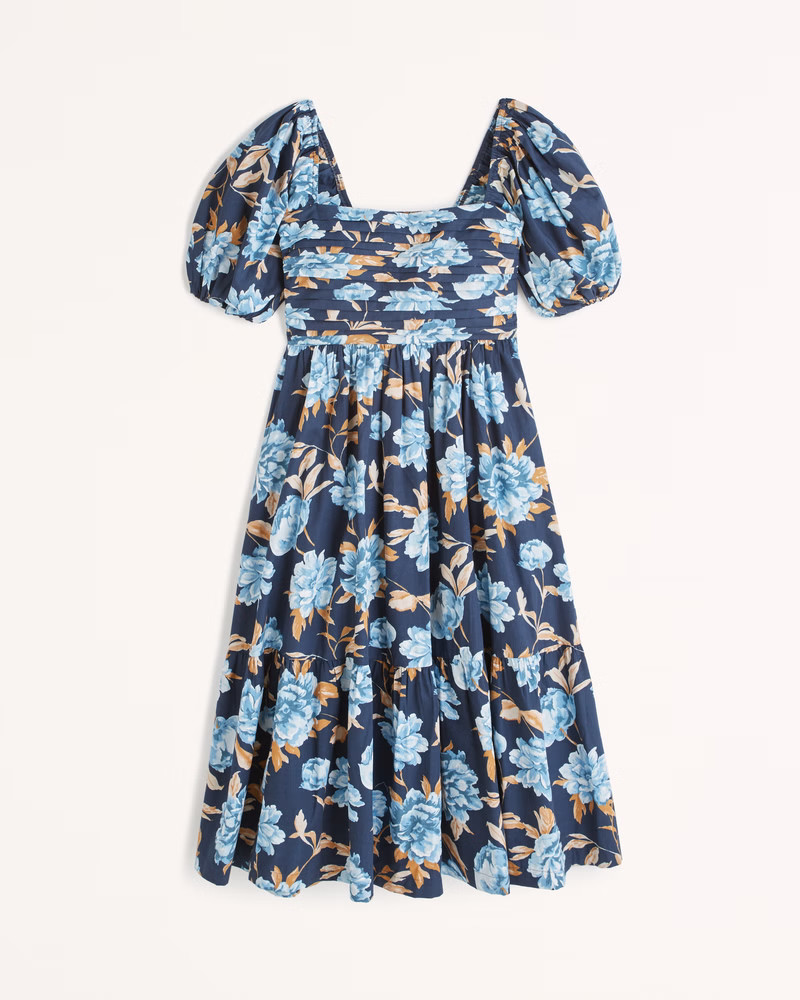 Ruched Puff Sleeve Poplin Midi Dress | Abercrombie & Fitch (US)