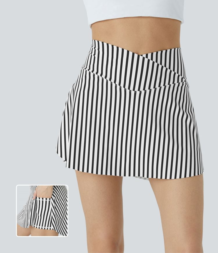 Women’s High Waisted Crossover 2-in-1 Side Pocket Striped Mini Tennis Skirt - Halara | HALARA