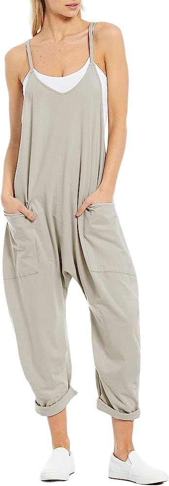 EsheSy Women's Loose V Neck Sleeveless Jumpsuits Spaghetti Straps Harem Long Pants Overalls with Poc | Amazon (US)