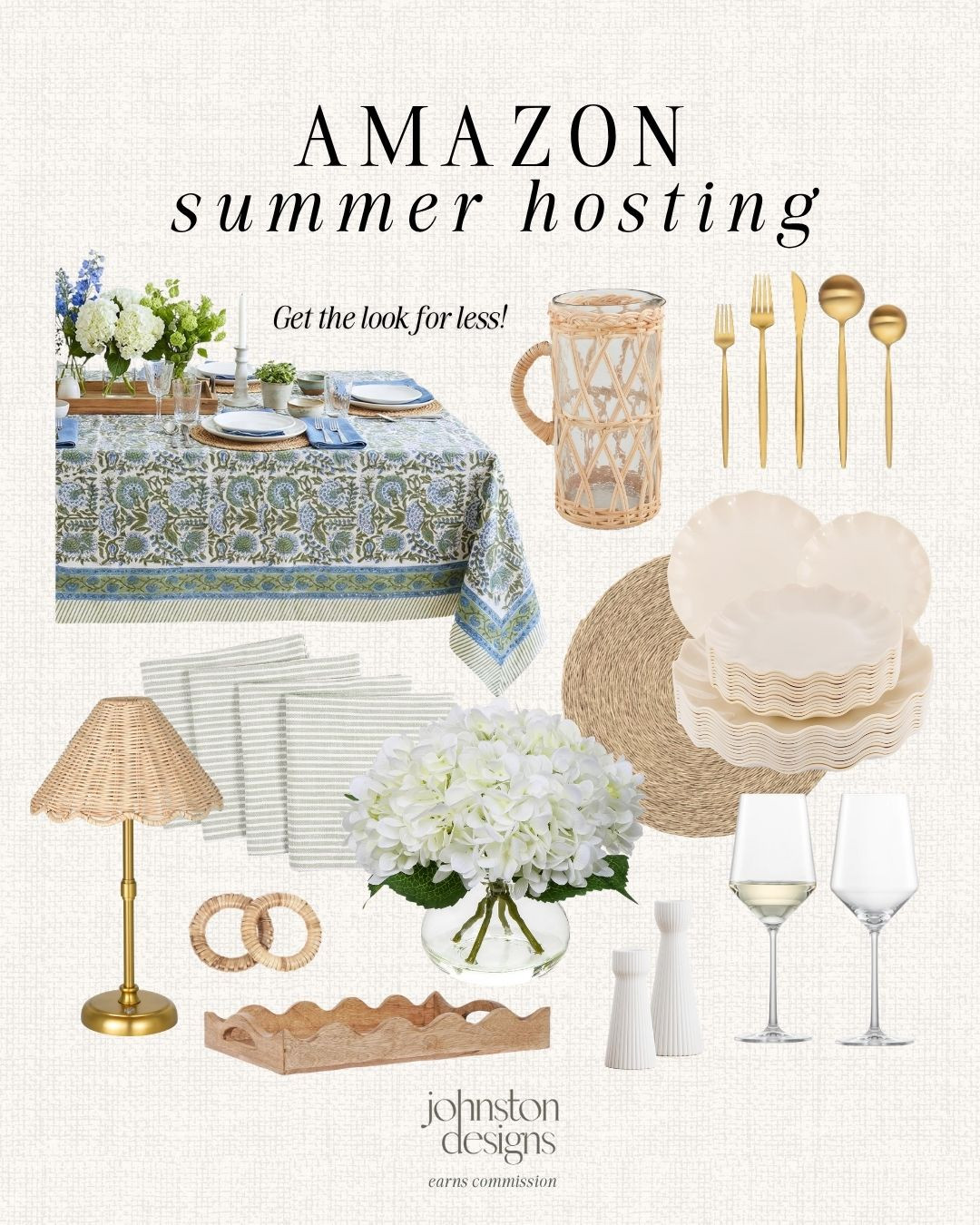 Amazon summer hosting finds to get the look for less with easy table styling pieces. 🌿

Amazon home, summer hosting, table decor, tablescape, floral tablecloth, wicker pitcher, gold flatware, scalloped plates, woven placemats, cloth napkins, hydrangea centerpiece, rattan lamp, wine glasses, wooden tray, entertaining finds, Mother's Day, affordable decor 

 #LTKHome