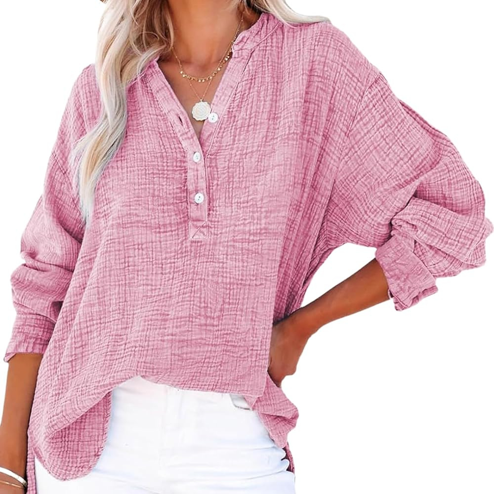 Long Sleeve Shirts for Women Dressy Casual Button V Neck Simple Solid Color Blouses Business Work... | Amazon (US)