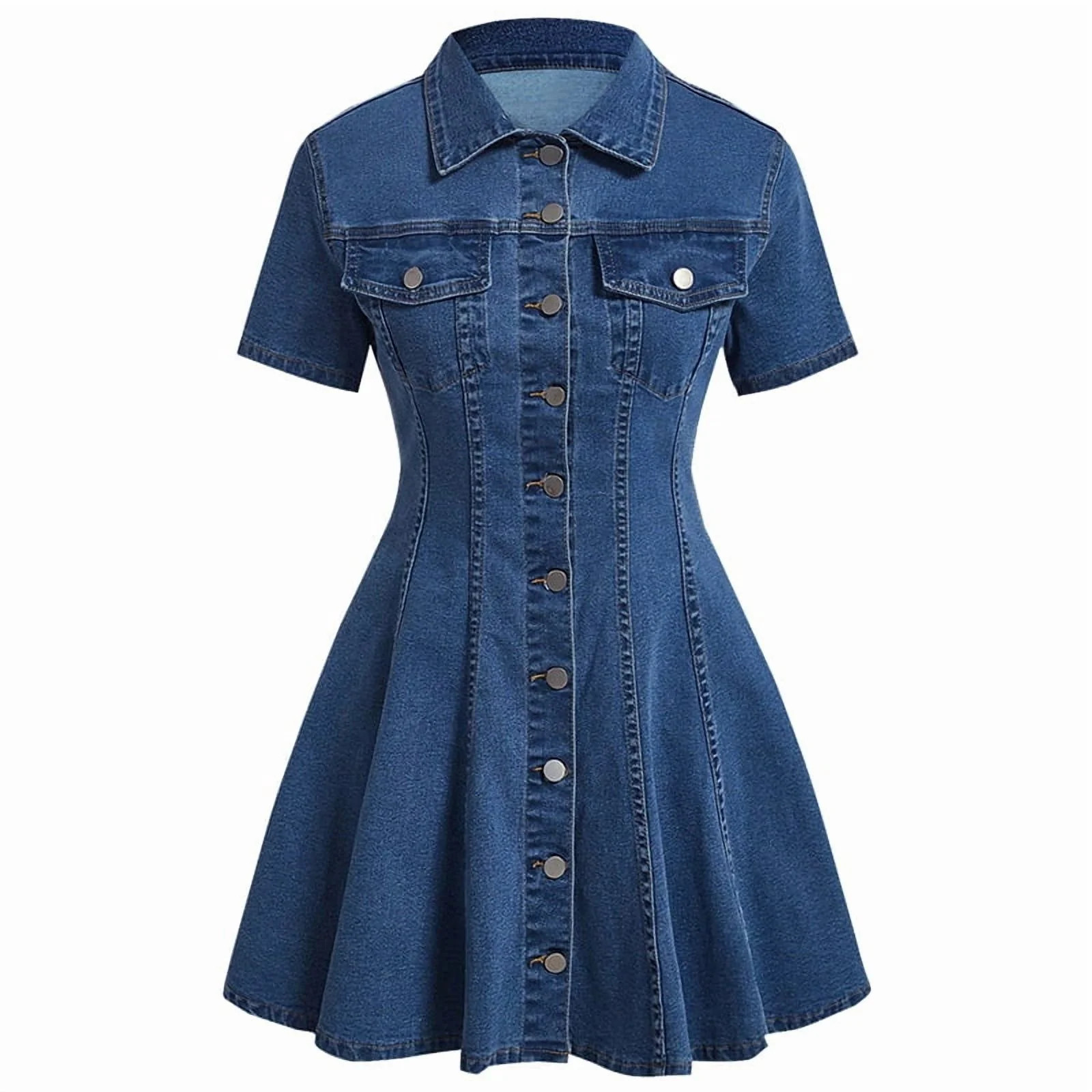 Katigan Women Denim Dress Button Down Close Short Sleeve A-Line Cotton Jean Dress Deep Blue XL | Walmart (US)