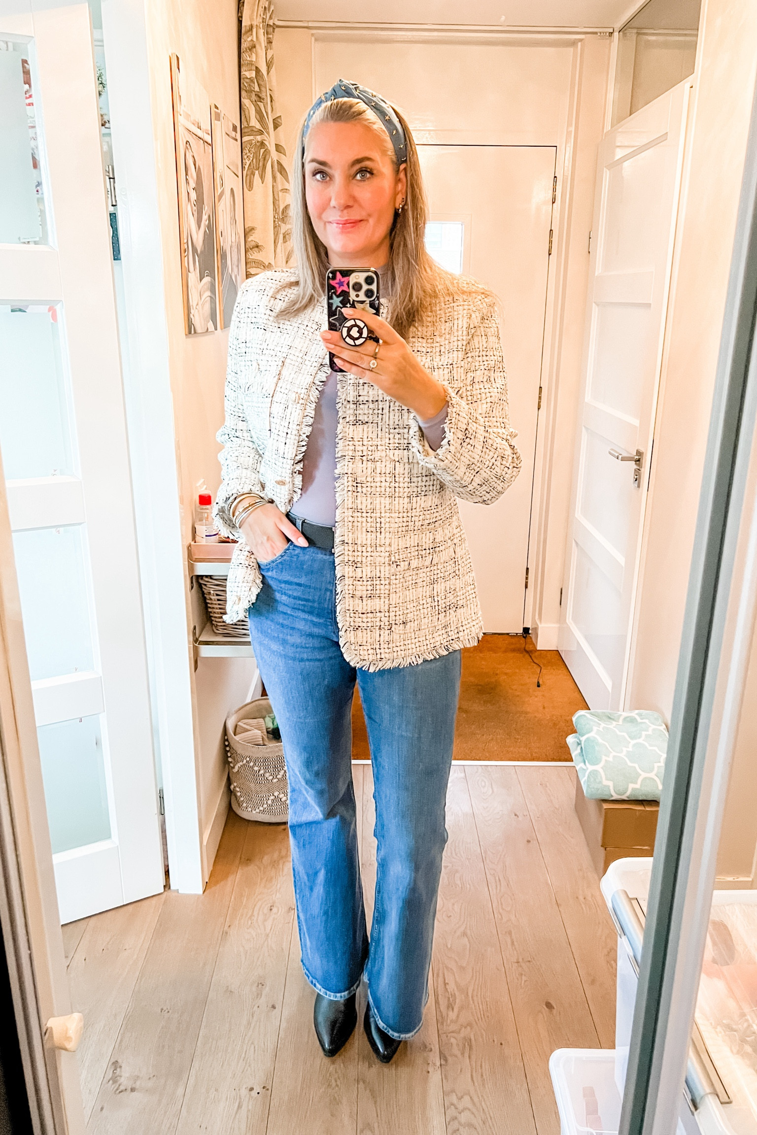 Ootd - Saturday. Josh V bouclé blazer with dusty blue Skims long sleeve top. Bershka flared jeans and pointy toe boots (Notre V) 

#LTKGift

#LTKmidsize #LTKover40 #LTKstyletip