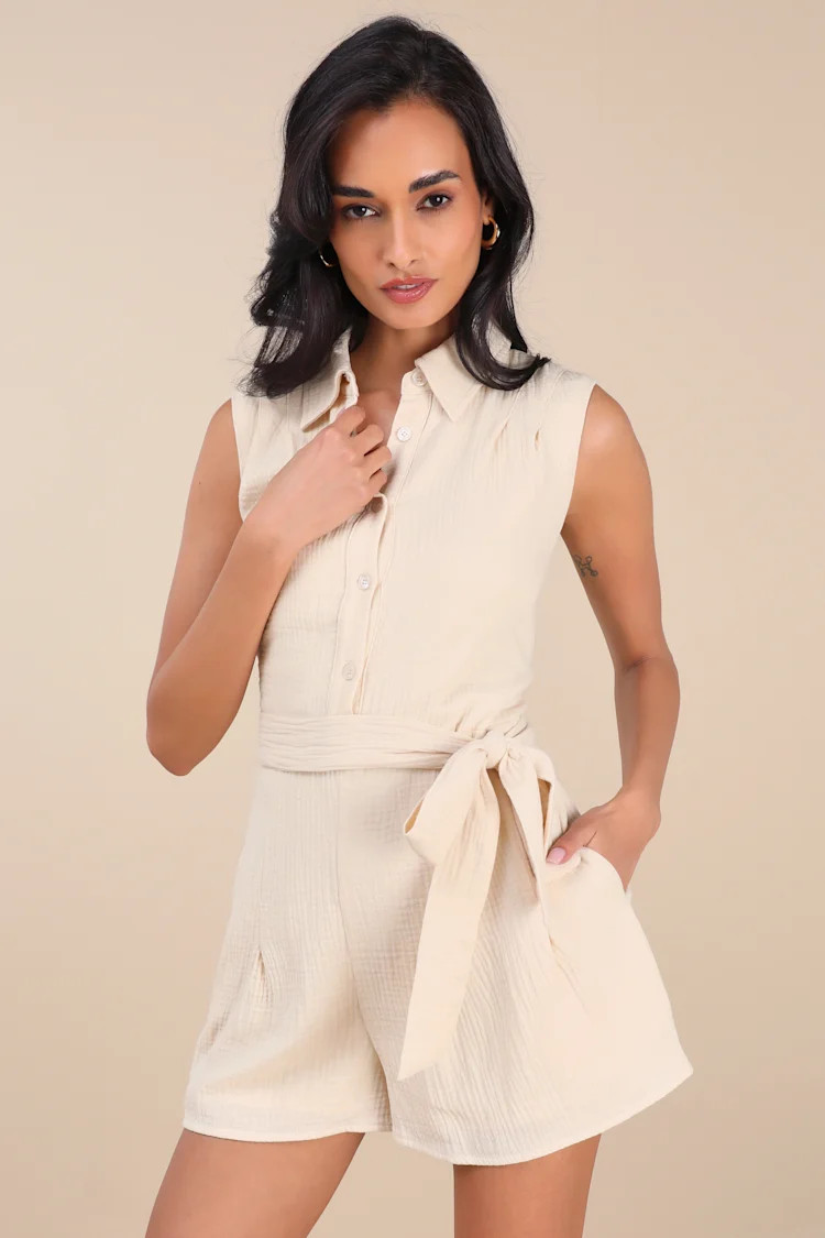 Corbett Beige Gauzy Collared Belted Sleeveless Romper | Lulus