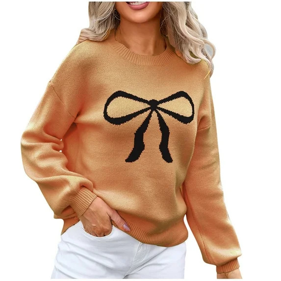 Sweaters for Women Plus Size Long Sleeve Round-Neck Bow Tie Knitted Sweater | Walmart (US)