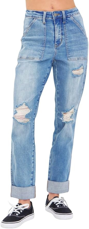 Judy Blue High Rise Patch Pocket Distressed Boyfriend Jeans | Amazon (US)