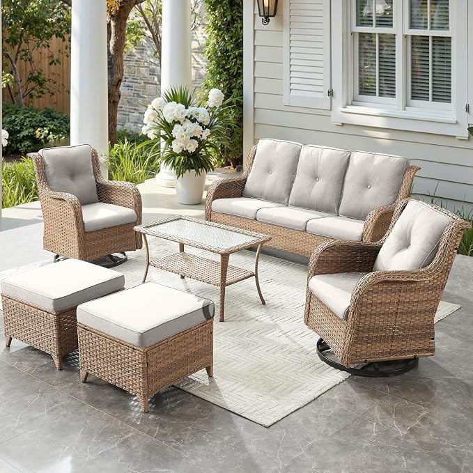 Outdoor Wicker Patio Furniture Set - 6 Piece Rattan Patio Conversation Set with 2 Rocking Swivel ... | Amazon (US)