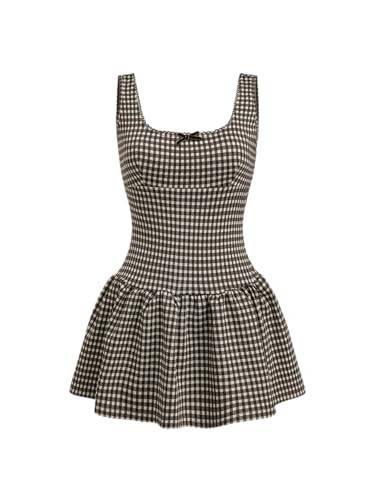 CIDER Mini Dress Gingham Bowknot Square Neck Plaid Sleeveless A Line Cute Party Casual Middle Waist Brown | Amazon (US)