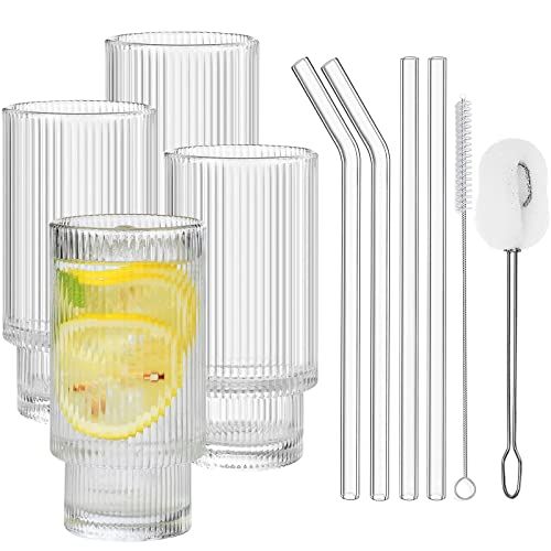 ALINK Ribbed Glassware Drinking Glasses with Straws Set of 4, Vintage Fluted Glassware Iced Coffe... | Amazon (US)