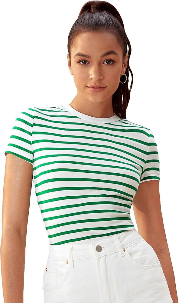 Milumia Women's Casual Striped Short Sleeve T-Shirts Crew Neck Fitted Tee Shirt Tops | Amazon (US)