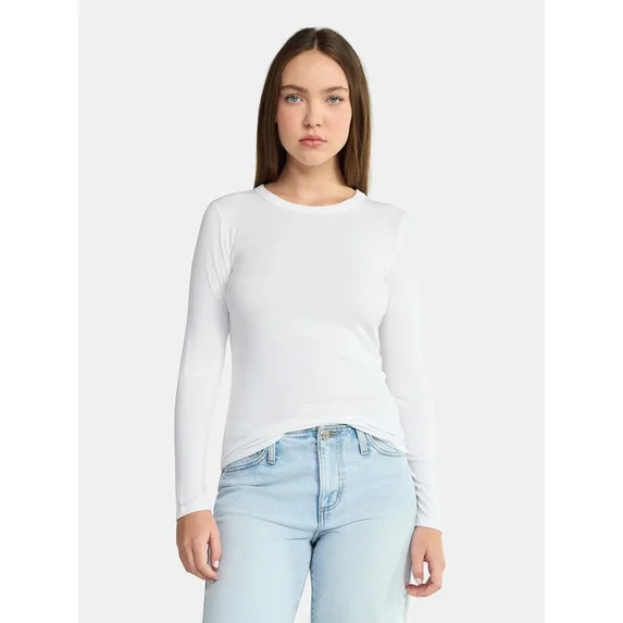 No Boundaries Camiseta Acanalada de Cuello Redondo con Mangas Largas, para Mujer y Tallas Plus de... | Walmart (US)