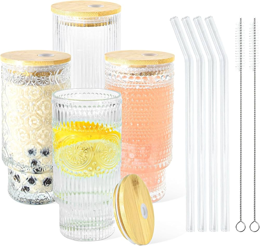 16oz Drinking Glasses Cups Set of 4 with Bamboo Lids Straws Brush Vintage Glassware Set for Mojit... | Amazon (US)