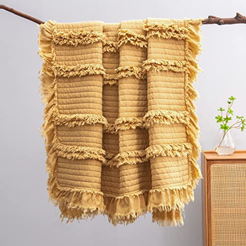 Ultra Soft Pre-Washed Quilted Boho Yellow Twin Size Blankets for Bed, Ruffle Fringed Decorative Throw, Stone Washed Chic Rustic Blanket for Sofa Couch Bed, 60"*80" | Amazon (US)