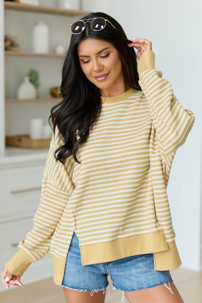 Kara Yellow Stripe Waffle Pullover | Pink Lily