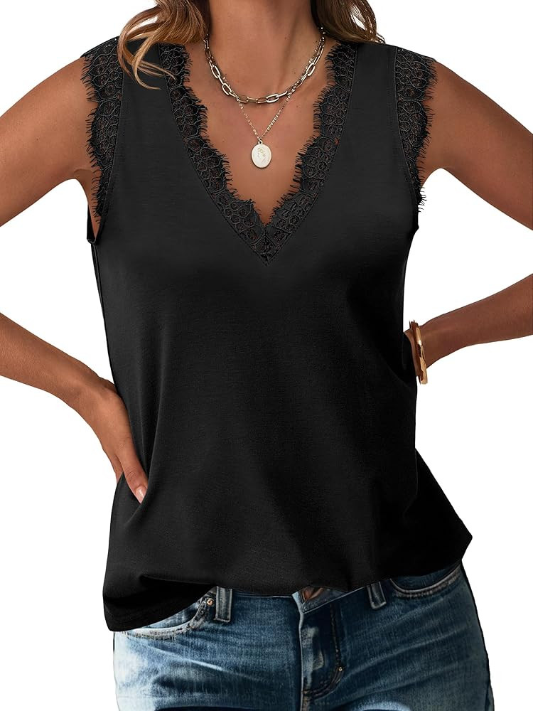 ANRABESS Womens Lace Trim Tank Tops V Neck Sleeveless Shirts 2026 Summer Casual Trendy Dressy Cam... | Amazon (US)