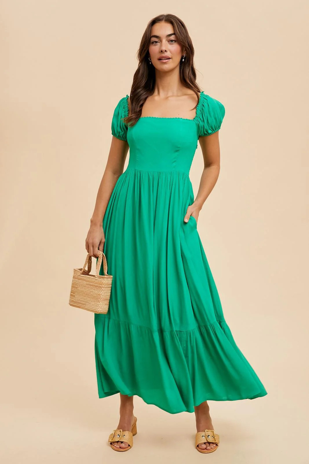 Green Ruffle Detail Square Neck Maxi Dress | PinkBlush Maternity