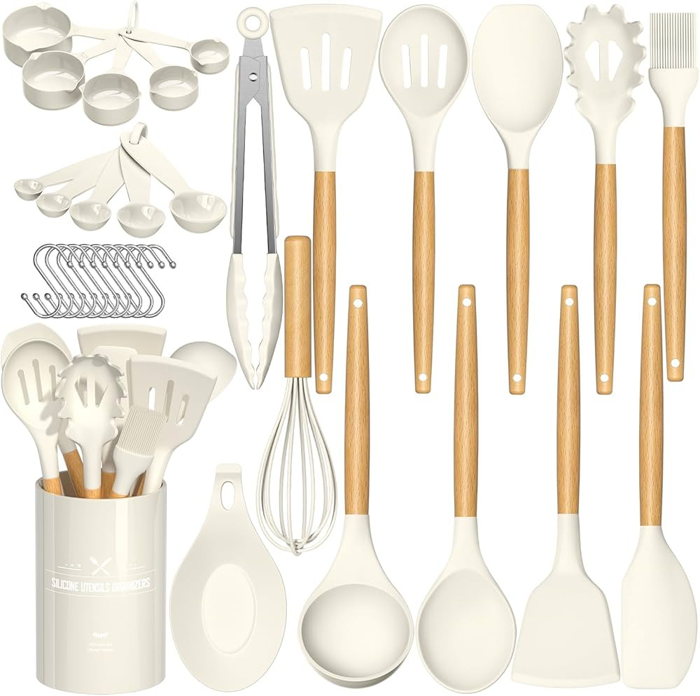 Umite Chef Kitchen Cooking Utensils Set, 33 pcs Non-stick Silicone Cooking Kitchen Utensils Spatula Set with Holder, Wooden Handle Silicone Kitchen Gadgets Utensil Set (Cream White) | Amazon (US)