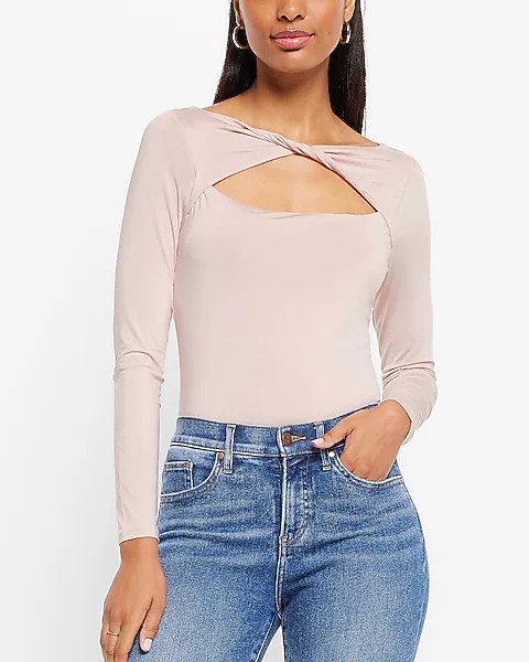 Body Contour Silky Long Sleeve Twist Front Cutout Top | Express