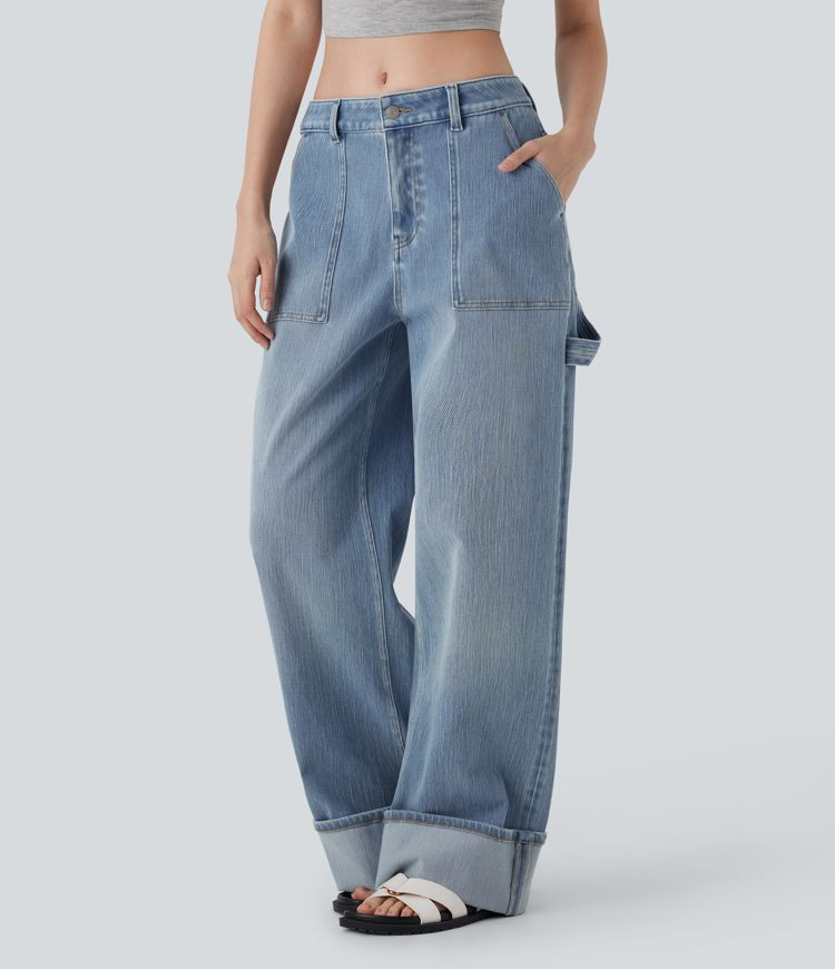 Women’s Halara Flex™ Low Rise Rolled Hem Washed Stretchy Knit Casual Baggy Jeans with Pockets... | HALARA